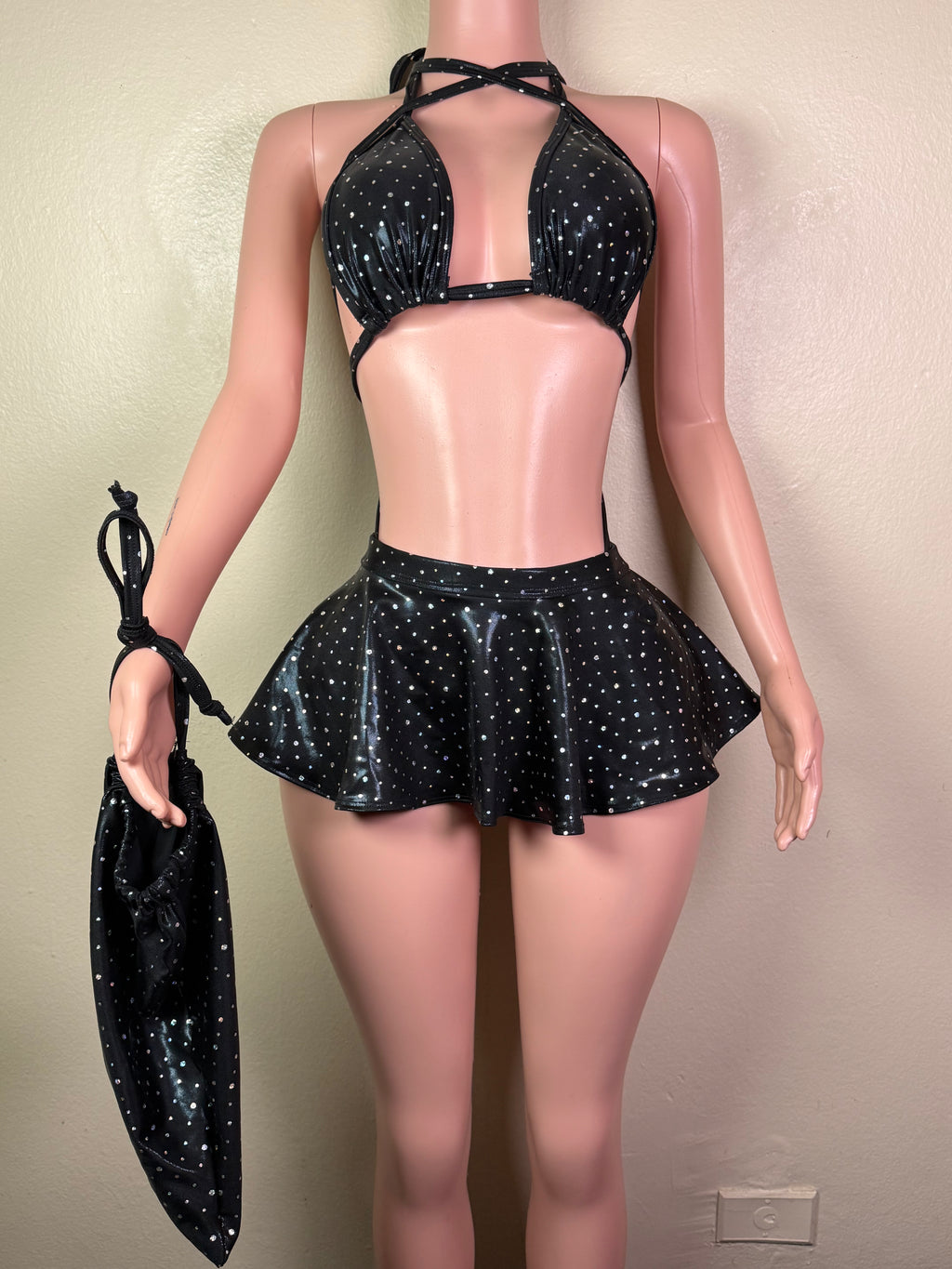 Polka dot metallic skirt set